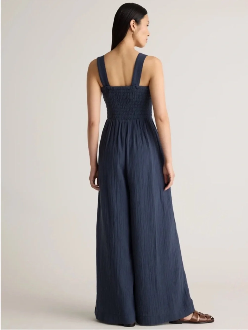 Quince Navy Wide-Leg Smocked Jumpsuit - Picture 2 of 4
